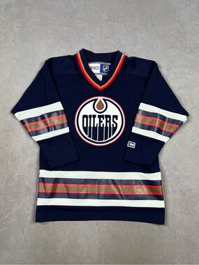 CCM Navy Edmonton Oilers Hockey Jersey with White and Red Accents